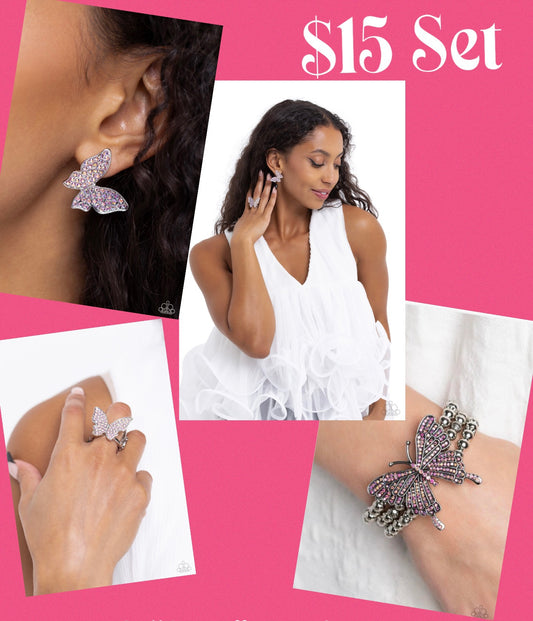 High Life, High Time & First WINGS First - Pink Earring, Ring & Bracelet Set