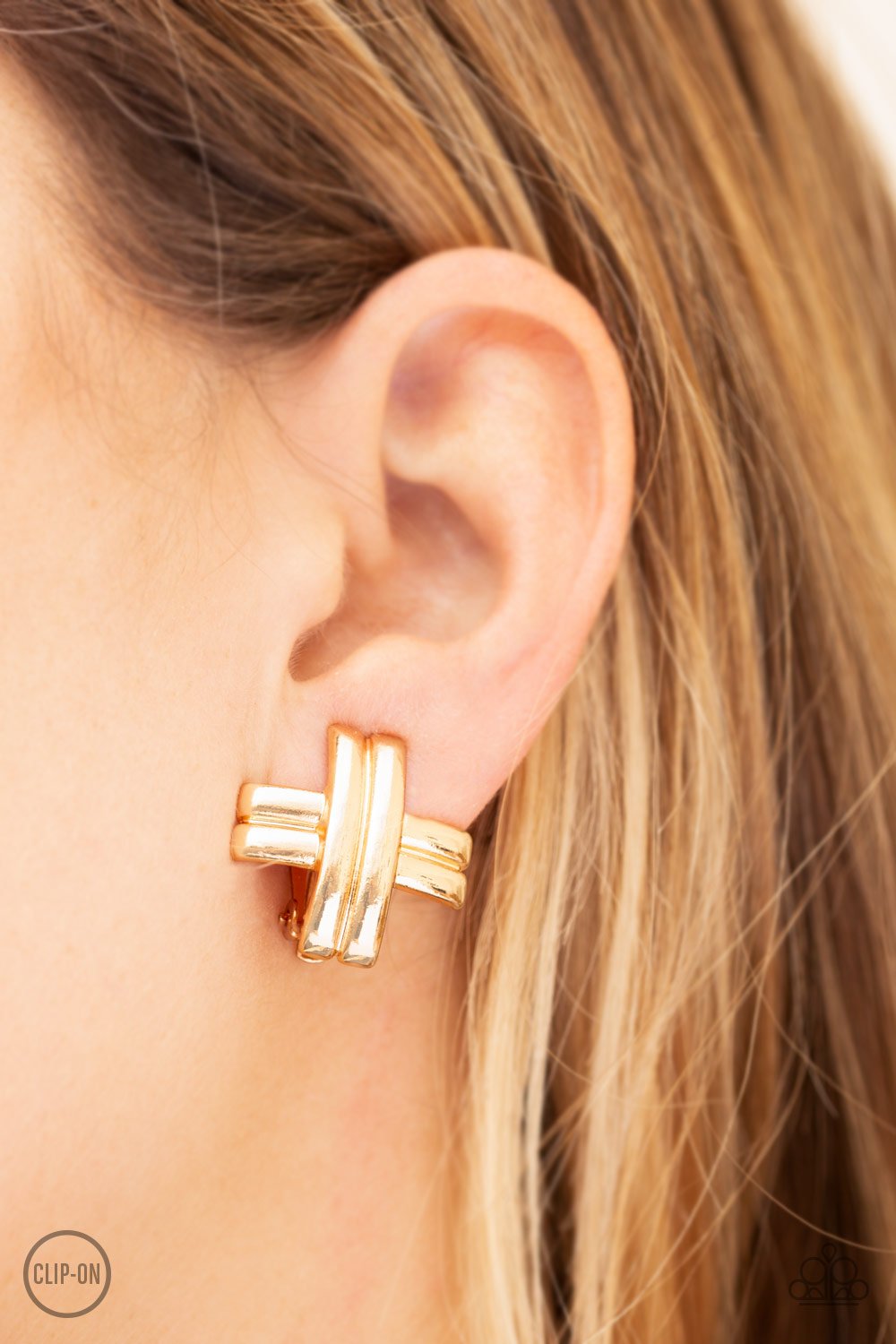Couture Crossover - Gold Clip-On Earrings